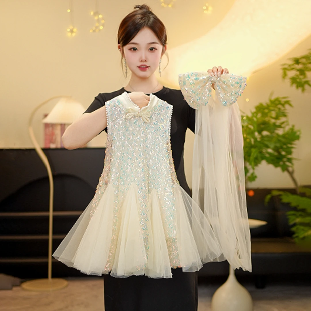 SQ【人鱼公主】2025女童夏季新款高端定制渐变人鱼亮片裙头纱公主裙