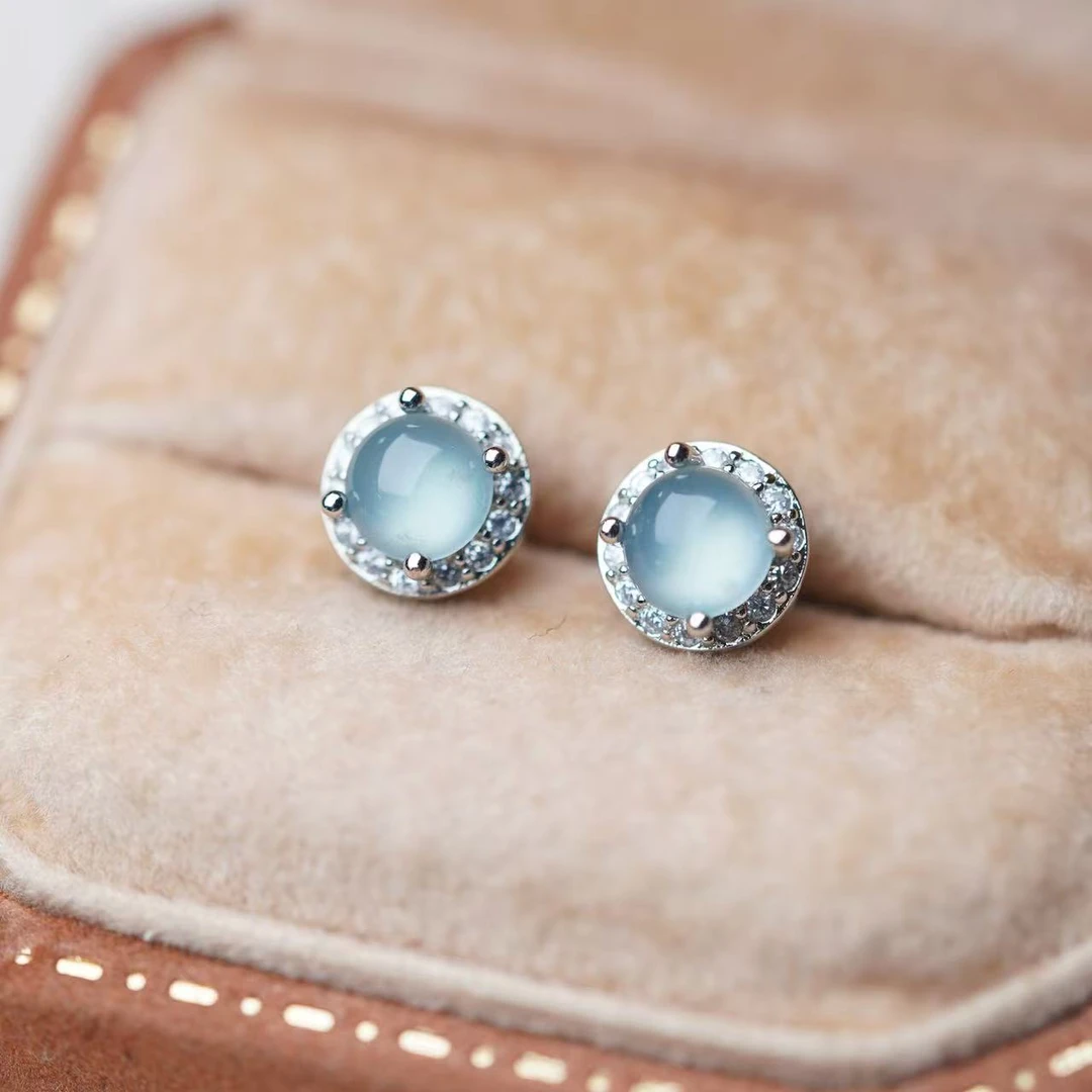 天然A货蓝冰翡翠蛋面气质时尚经典精致围钻耳钉 5mm