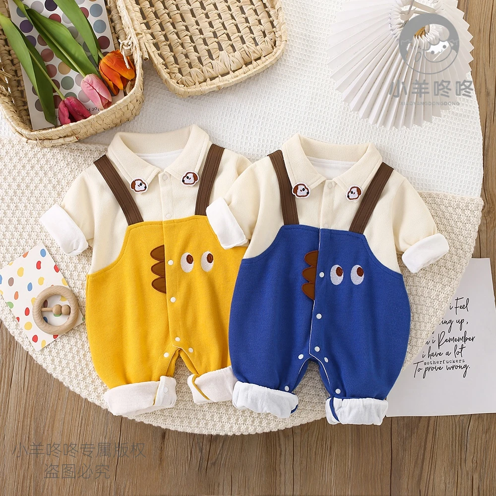 春秋款新式假背带翻领拼接大眼萌恐龙双层婴儿衣服宝宝衣服童装