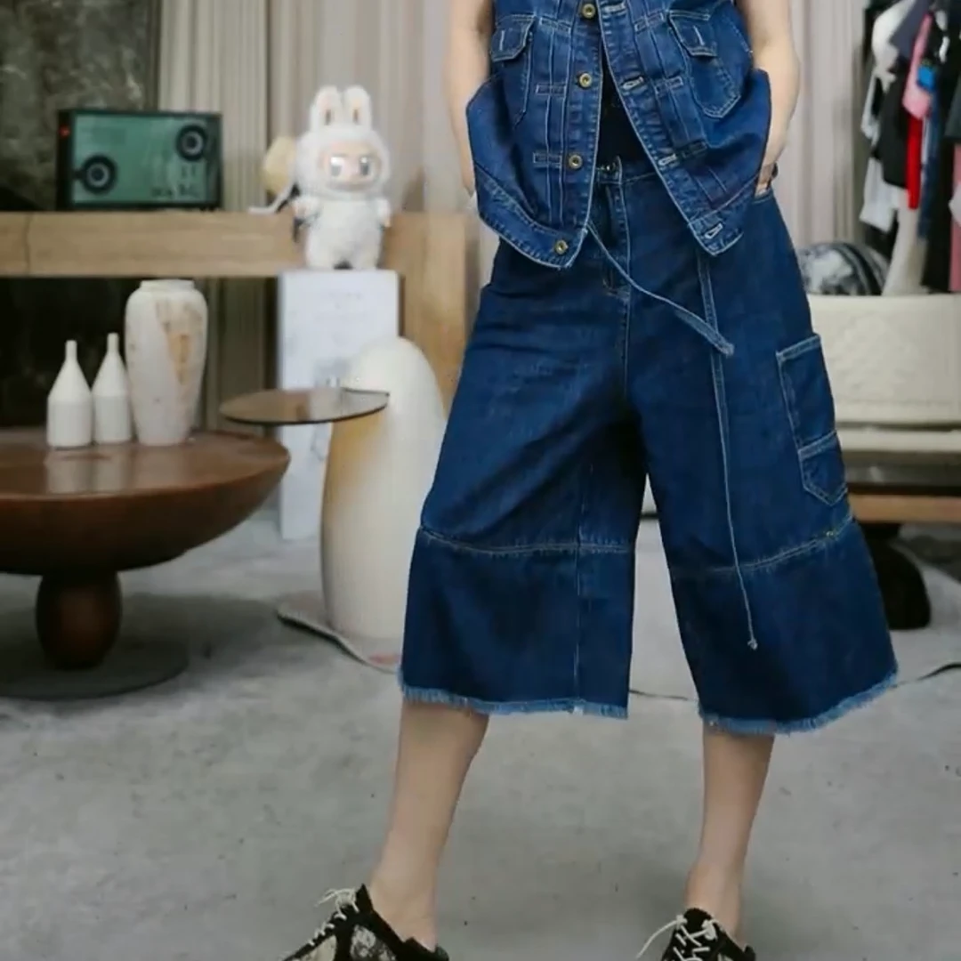 infobyfive福利夏季半松紧腰带牛仔工装口袋中裤六分裤NF0506203