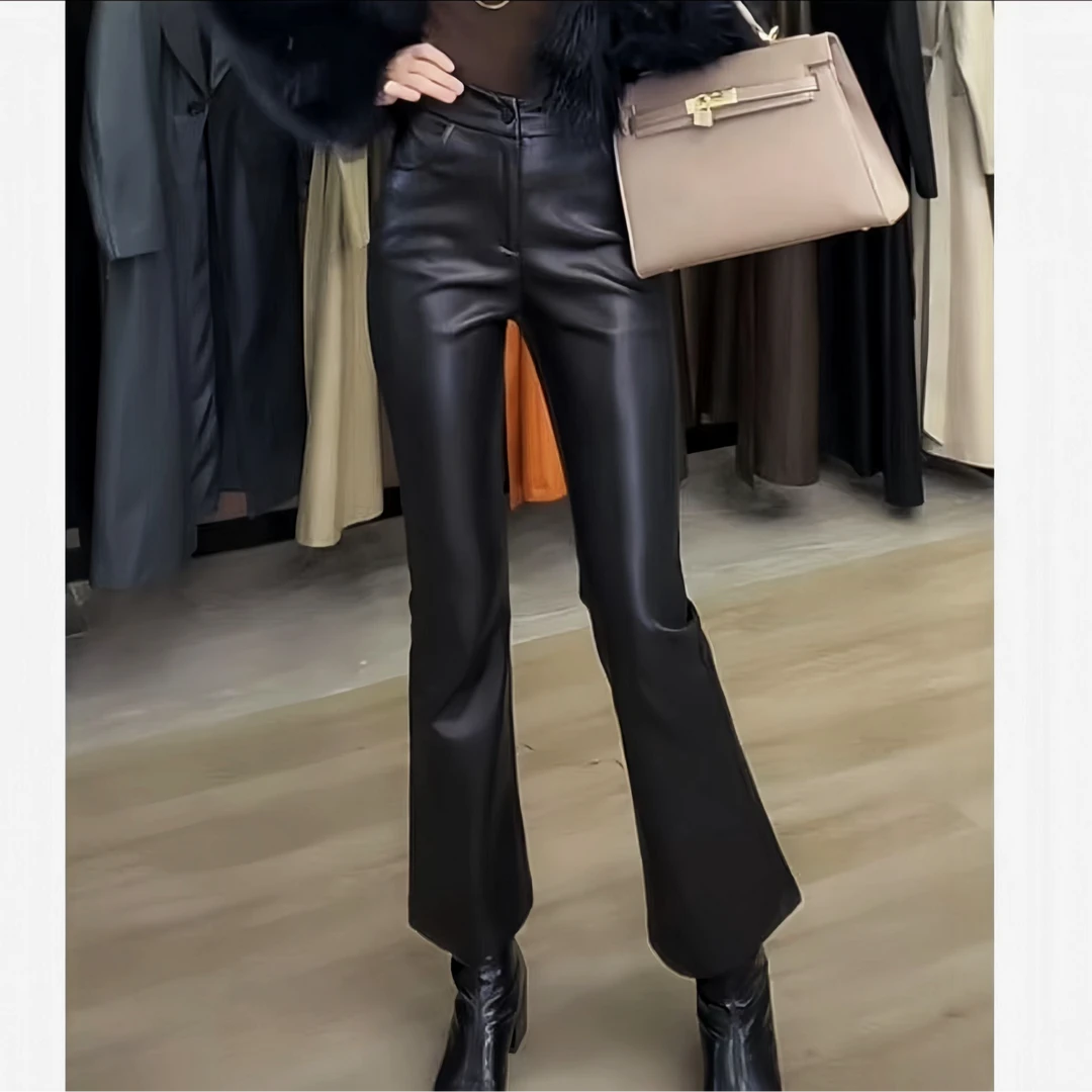 海宁正品皮裤女黑色复古百搭宽松喇叭裤时尚显瘦高腰九分裤子6008