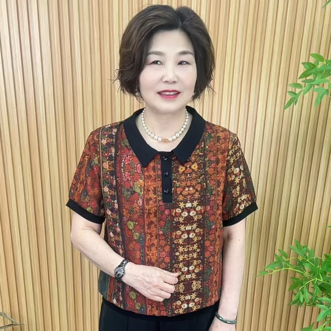 娃娃领常规短袖薄款遮肚中老年女装时尚妈妈装t恤女装V8861夏季