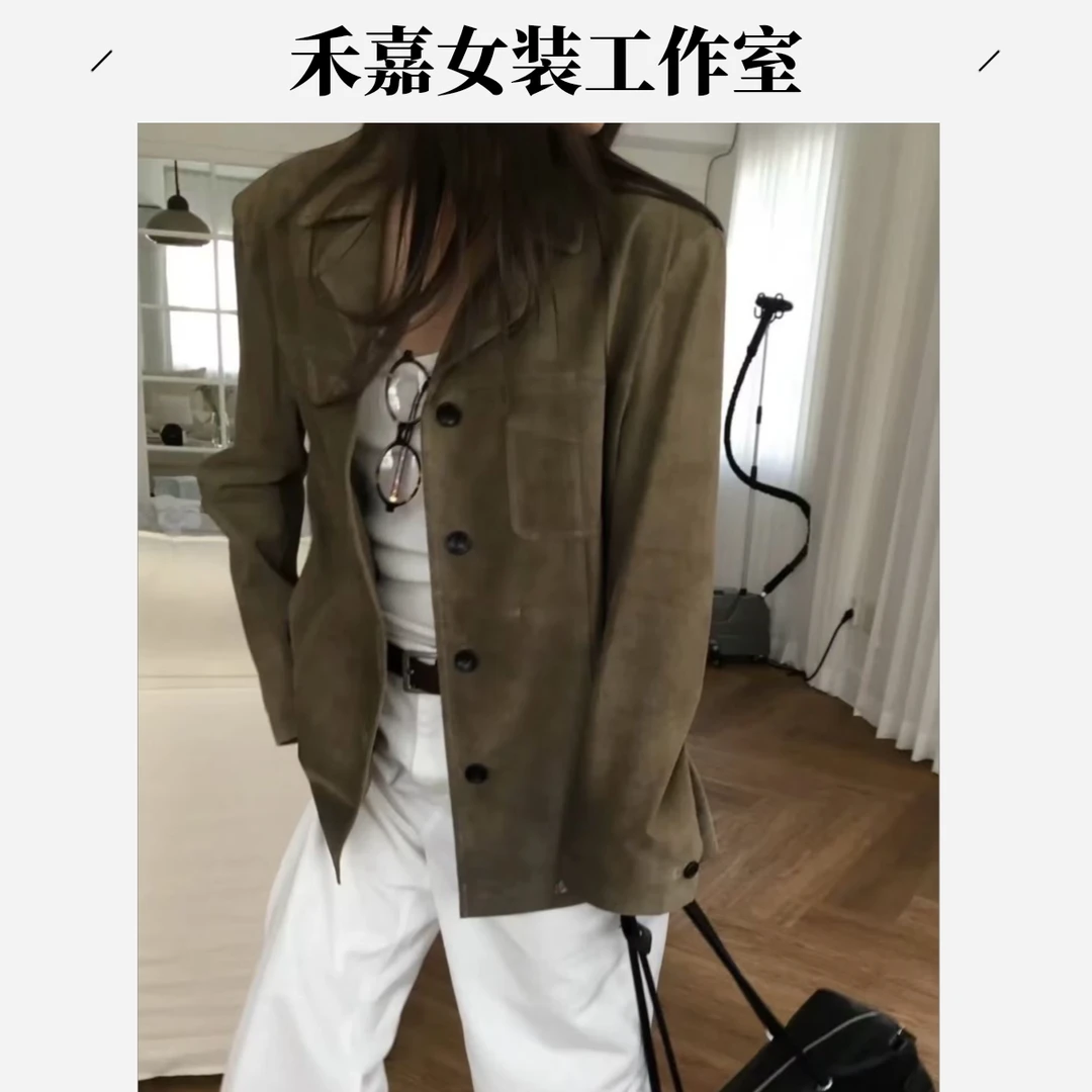 【禾嘉】法式磨砂西装领皮衣