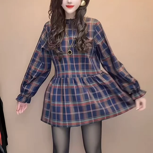 2025春秋韩版格子新款衬衫连衣裙女复古收腰显瘦高级感遮肉裙子女