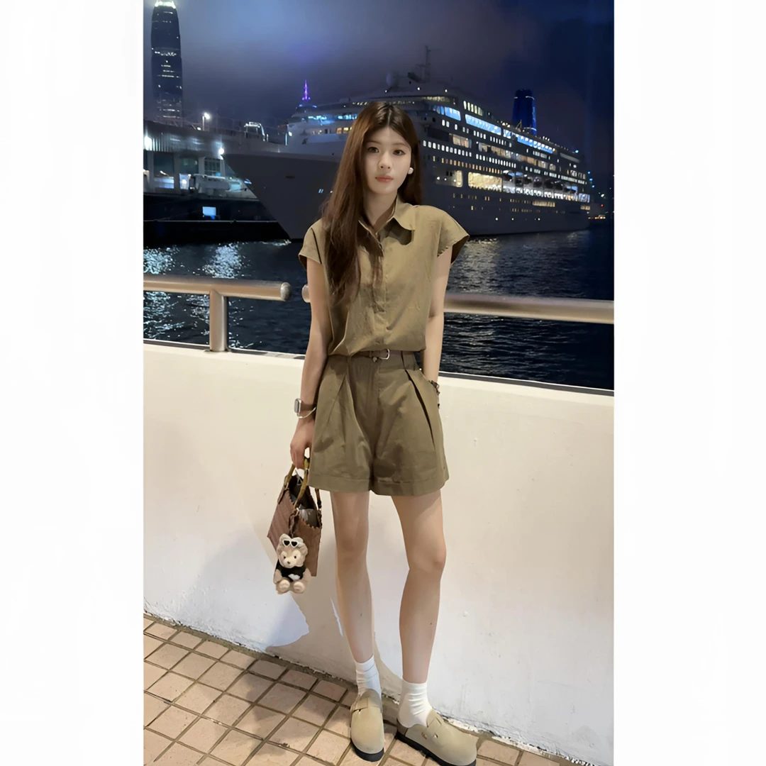 【YUKI】老钱风简约坎肩衬衫+直筒短裤套装夏季显瘦气质网红爆款