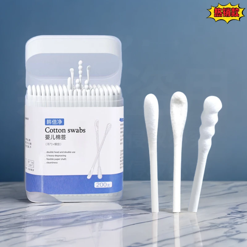 婴儿专用小头棉签超细宝宝棉棒一次性化妆螺旋掏耳朵清洁二合一
