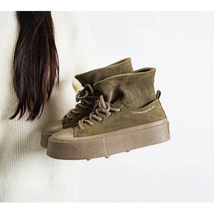3257 军绿 高帮厚底板鞋女2024新款潮流复古女鞋韩版百搭运动鞋