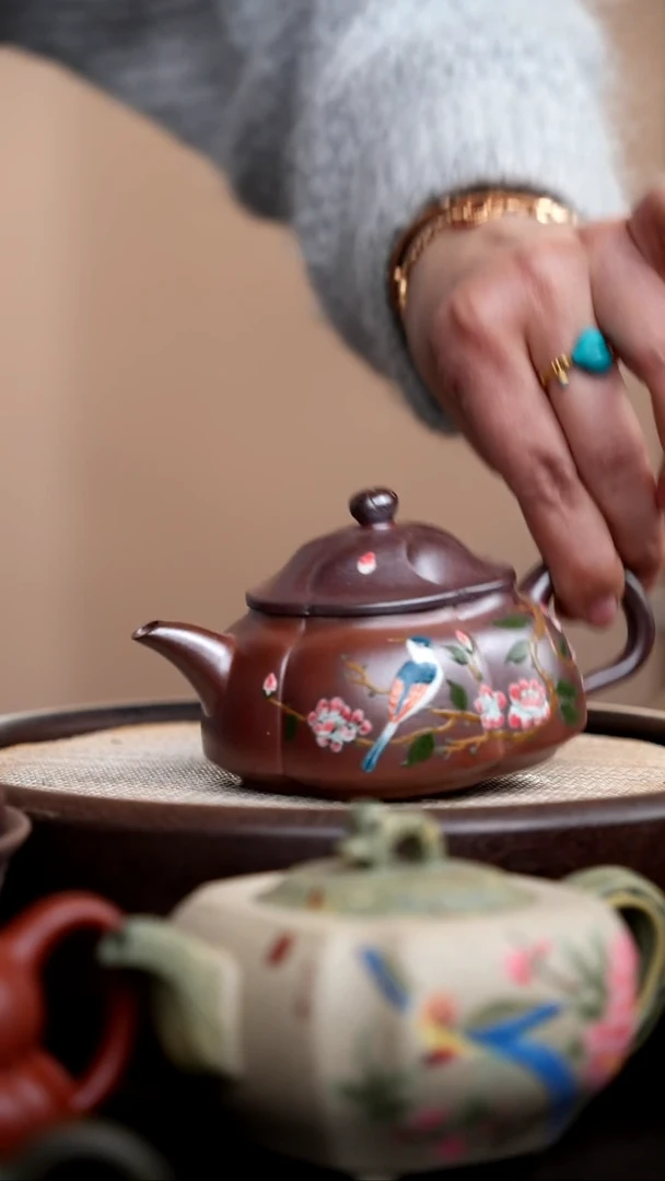 茶壶紫砂柴烧风卷井栏泥绘蓝鸟