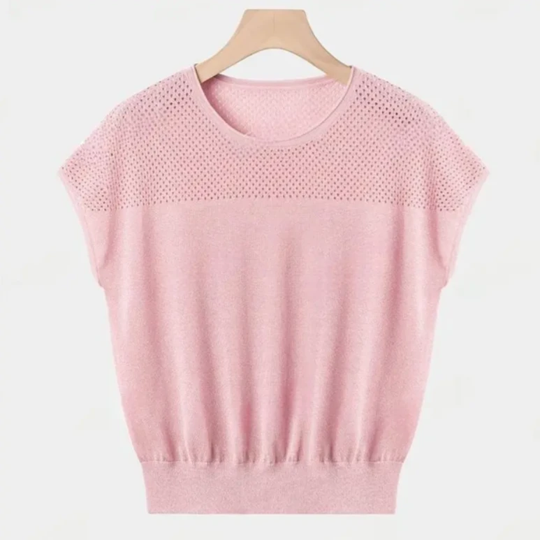 夏季时尚镂空设计感宽松显瘦遮肉短袖针织衫