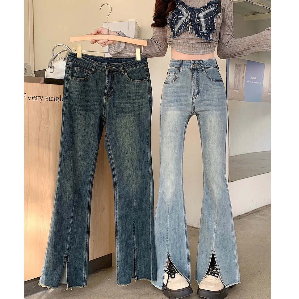 长大码女装2025秋季修身微喇牛仔裤复古高腰开叉设计感长裤65520