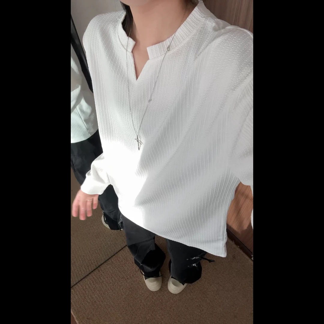 v领垂感卫衣男2025春季新款美式内搭外穿衣服青少年宽松肌理感T恤