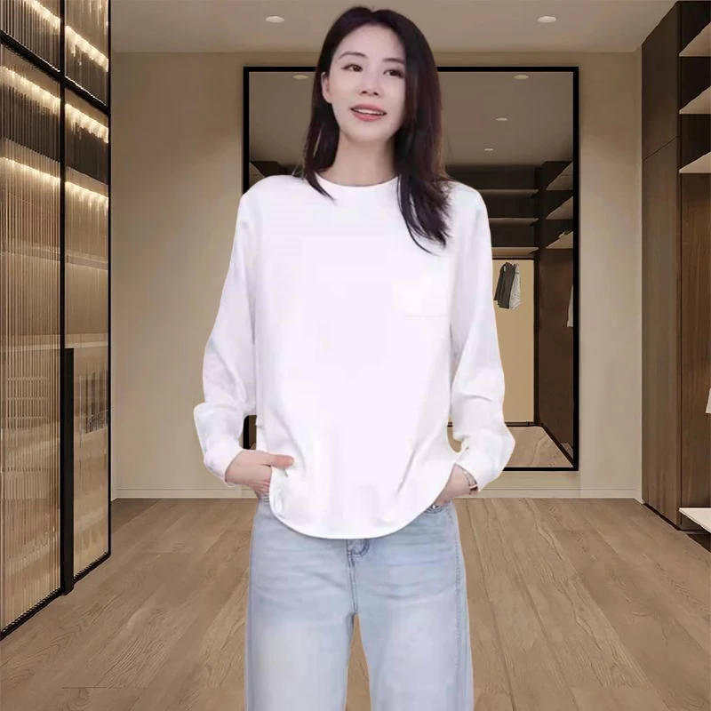 新中式缎面提花长袖t恤女2025新款春秋小个子时尚拼接白色打底衫