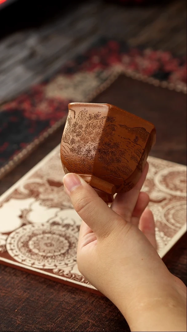 茶杯紫砂非遗茶器-六方老段山水