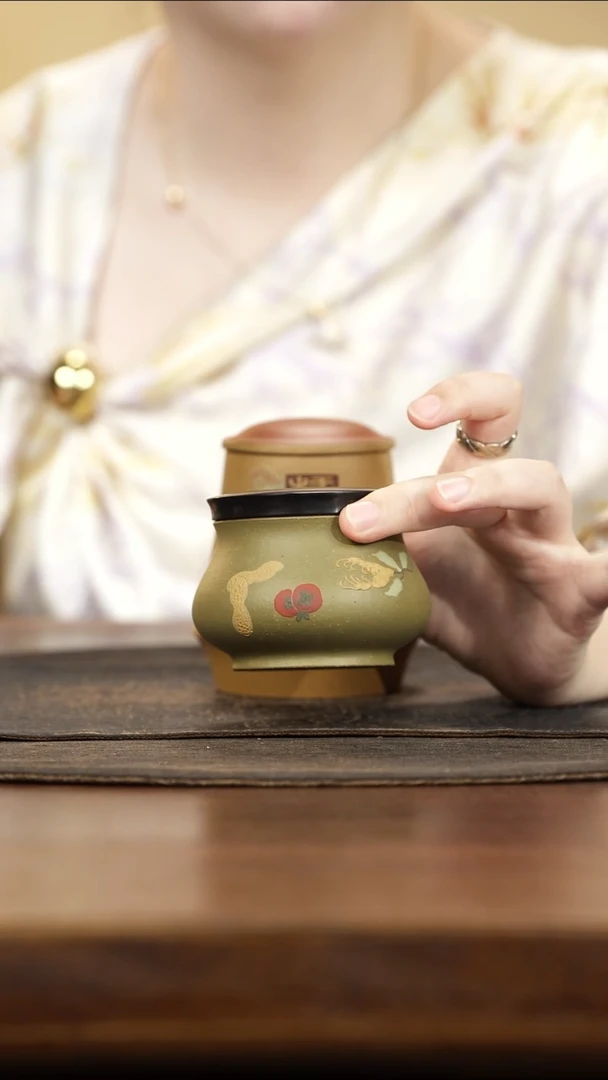 紫砂茶叶罐厚**物木盖豆青泥泥绘柿子佛手花生