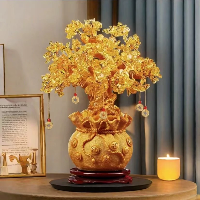 S黄水晶摇钱发财树招财摆件前台乔迁客厅电视柜新年装饰新居酒柜