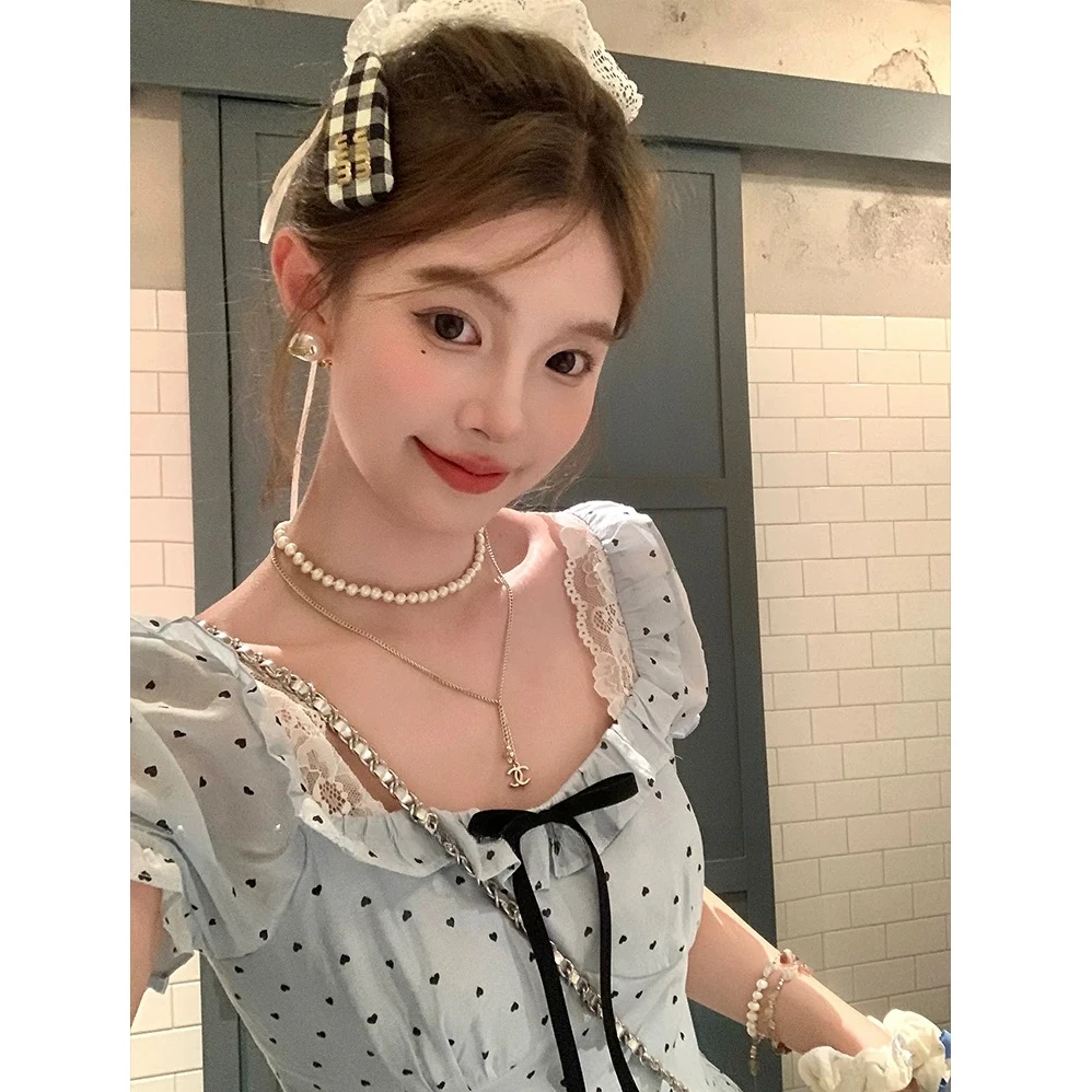 大码海盐方领波点吊带连衣裙女夏季法式气质a字裙子11012