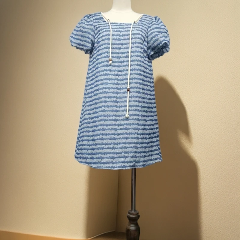 夏季小个子方领蓝色条纹泡泡袖连衣裙C088