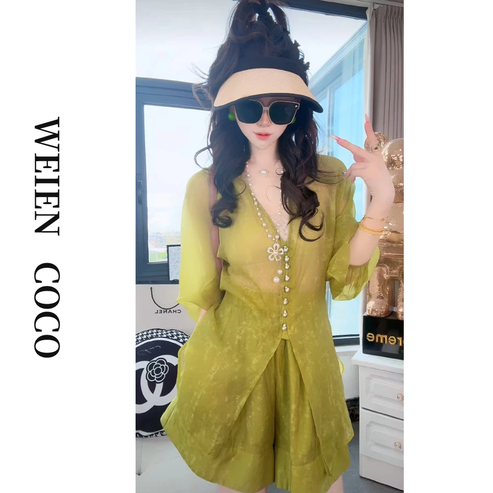 【薇恩COCO】轻奢气质镂空新款套装衬衣短裤夏上新二件套S4887