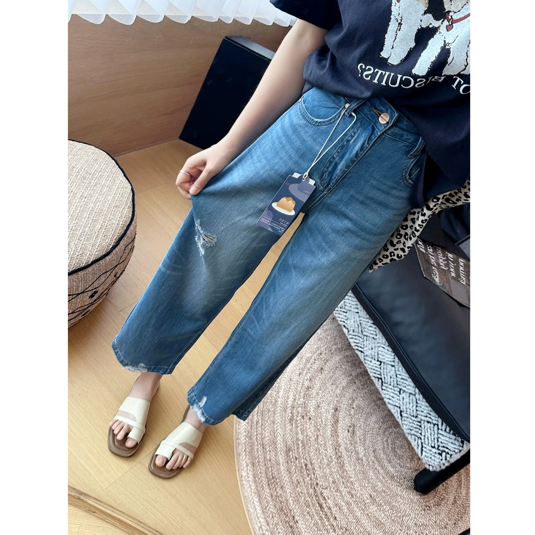 莱赛尔夏季薄款软高腰阔腿裤小个子女破洞凉感天丝九分直筒裤