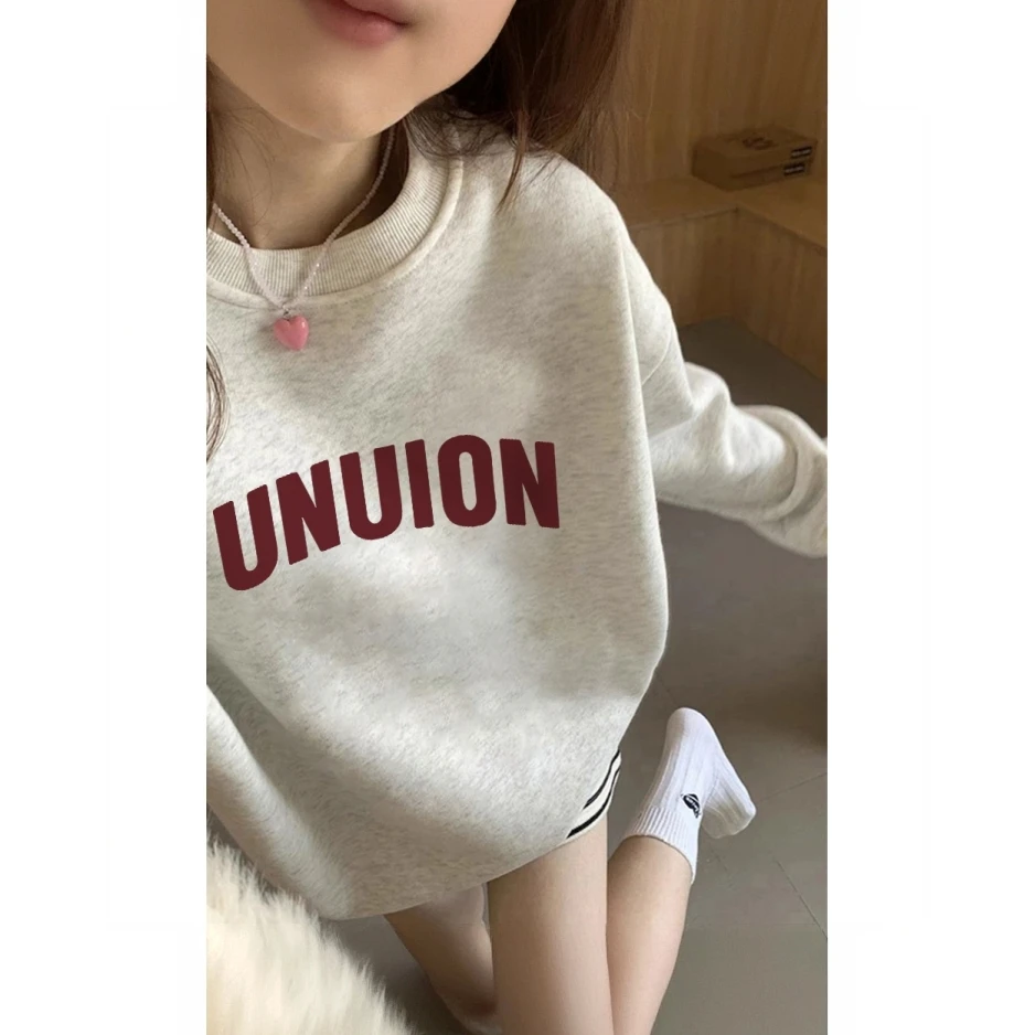 字母圆领卫衣女小个子宽松美式复古oversize潮牌秋冬加绒外套上衣