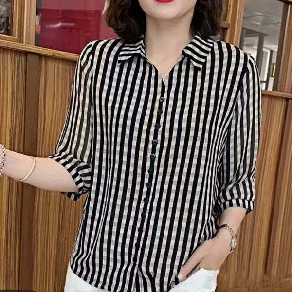 7777-3夏季薄款套头洋气条纹宽松中袖小衫