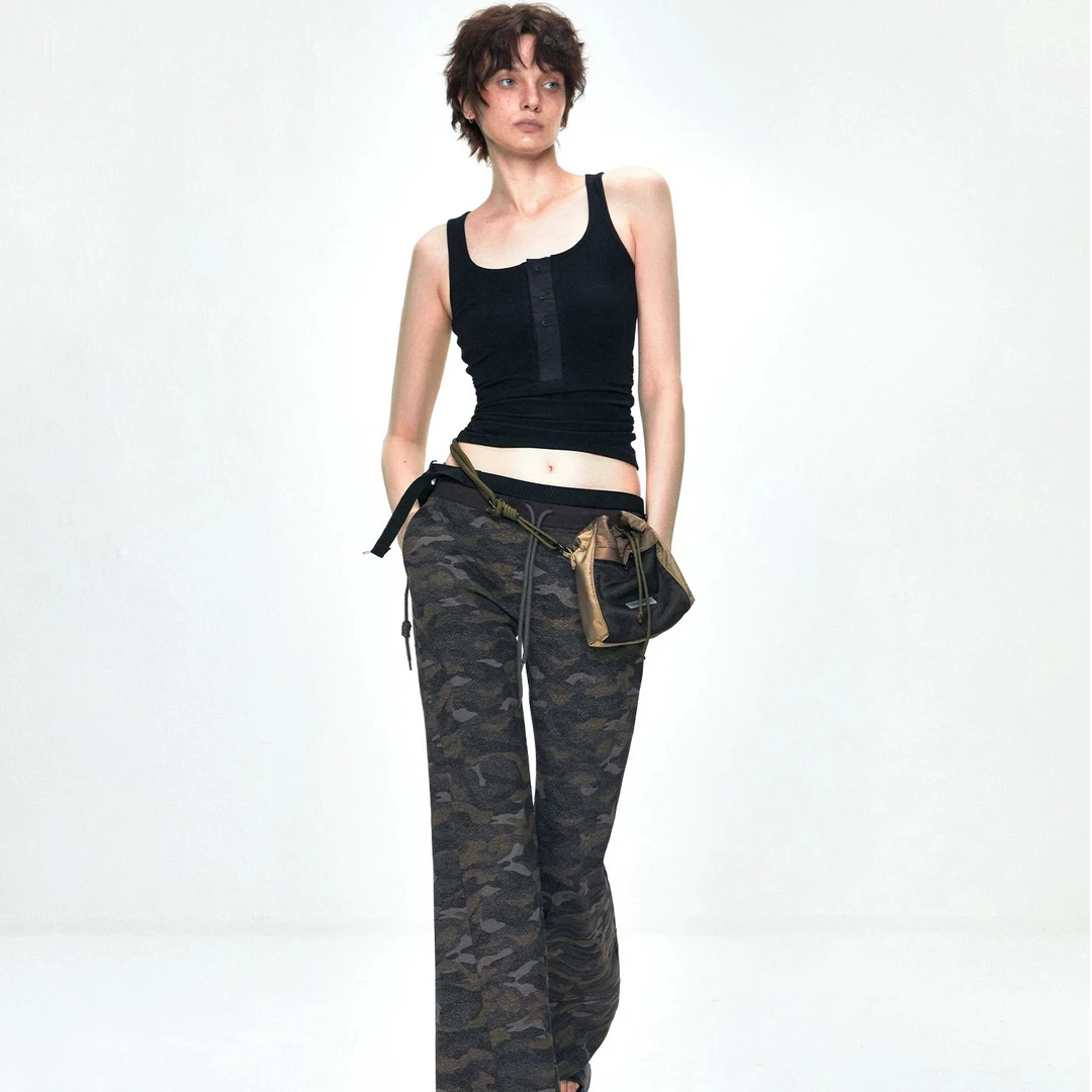 做旧迷彩抽绳卫裤 美式复古辣妹修身显瘦磨毛低腰微喇休闲裤