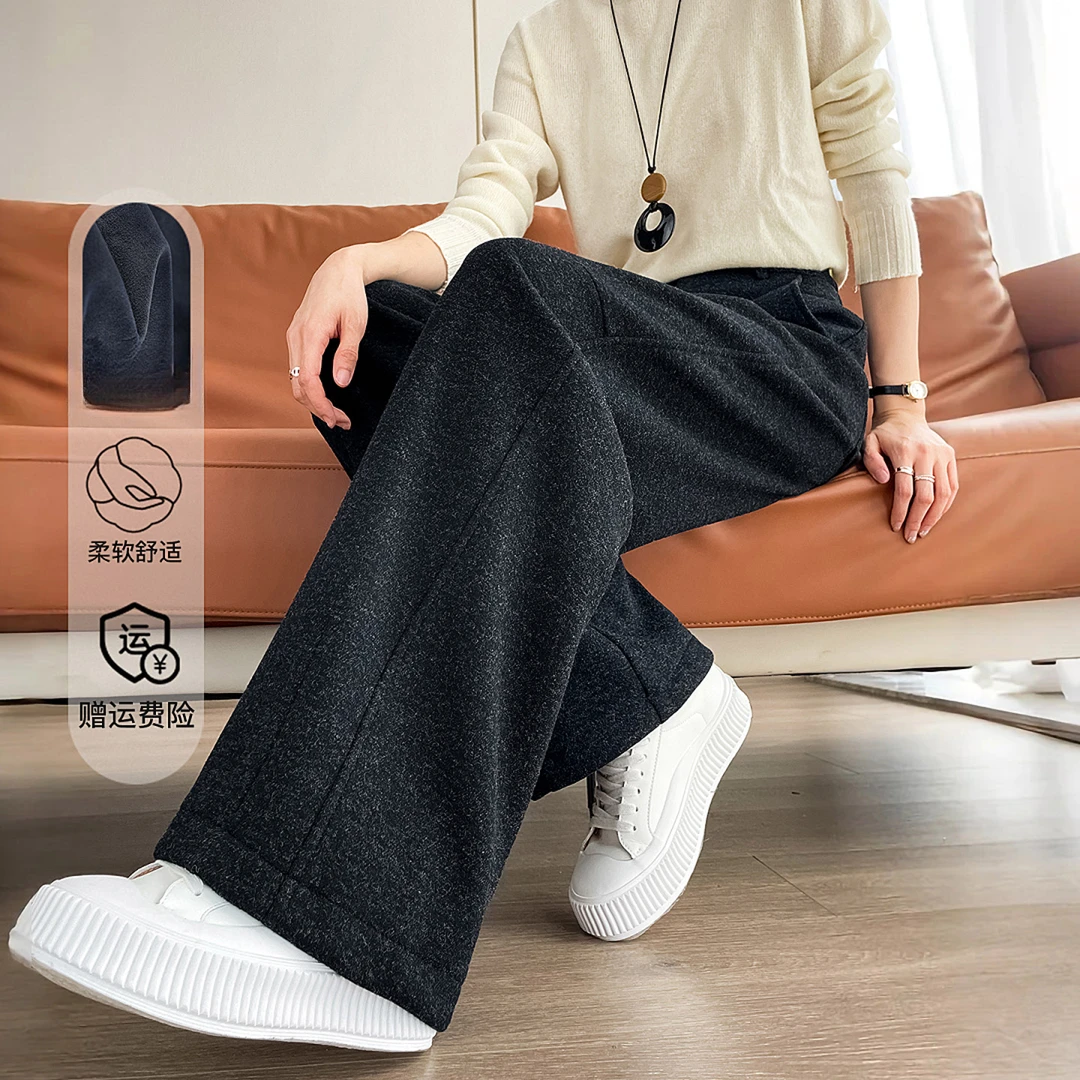 羊毛加绒阔腿裤女2025冬季新款高腰显瘦宽松直筒休闲香蕉弯刀裤子