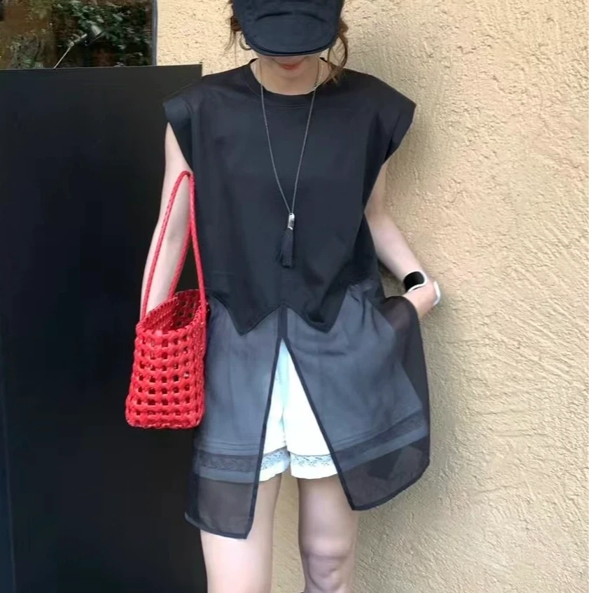 无袖衬衫女2025春夏新款欧韩货设计欧根纱拼接宽松上衣