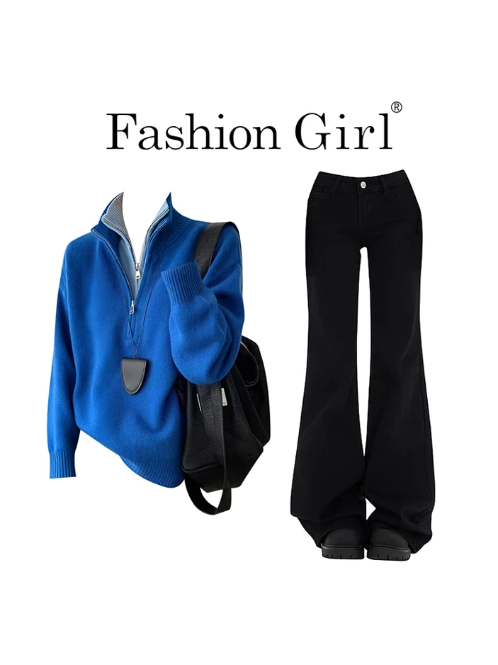 设计感小众减龄毛衣外套套装韩系蓝色拉链假两件针织开衫两件套女