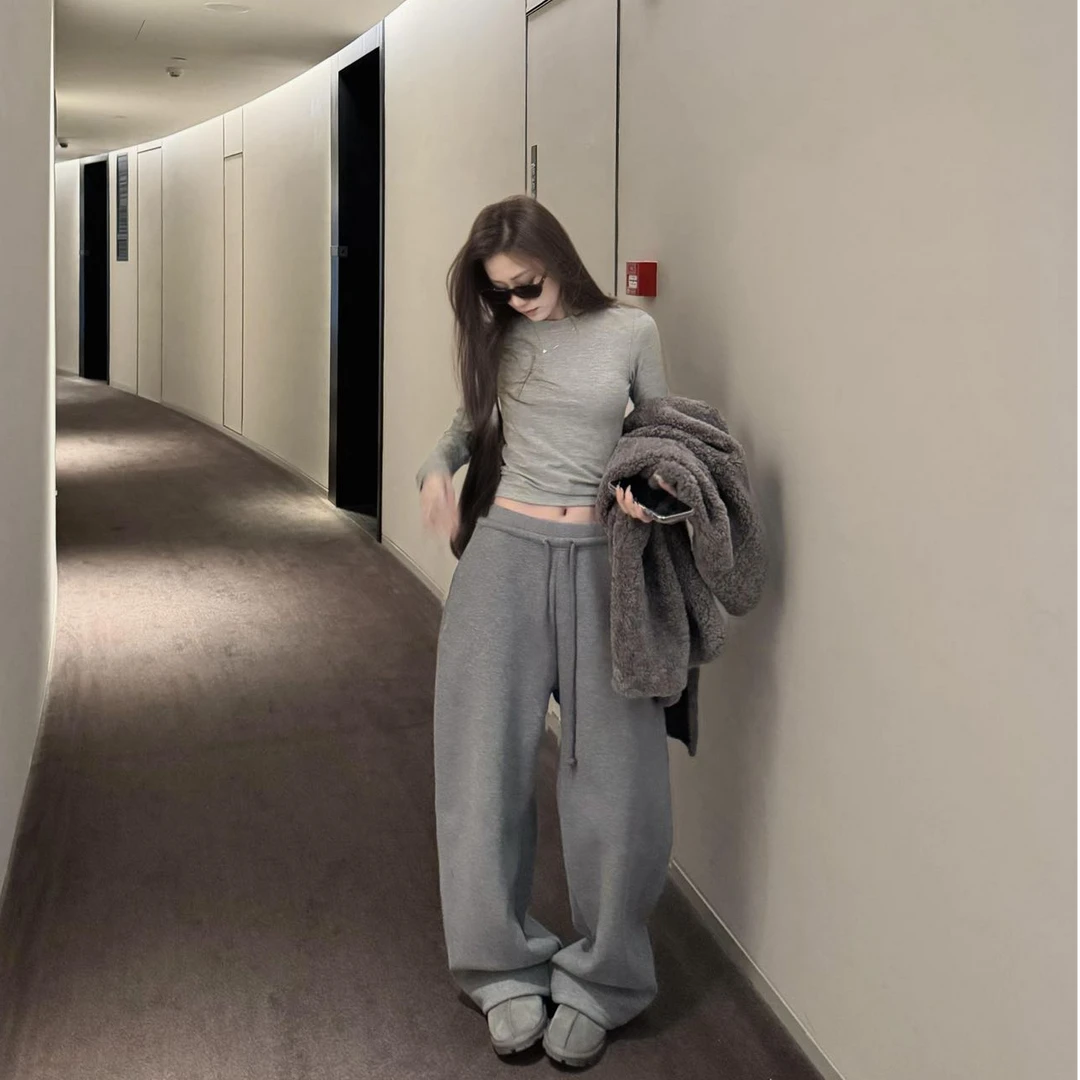 美式复古辣妹灰色紧肩长袖t恤女2025新秋修身打底衫内搭显瘦上衣