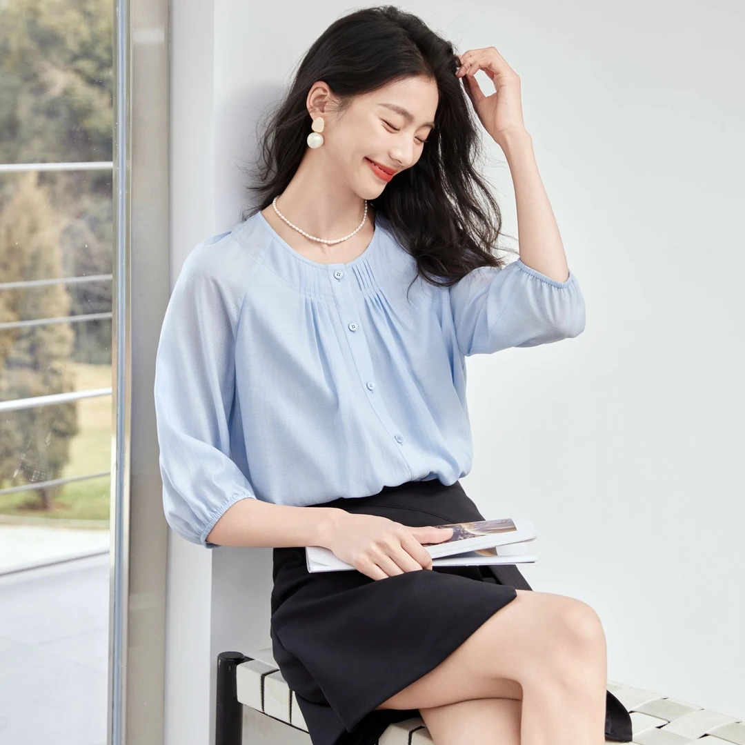 OSA/欧莎 天蓝色蓝衬衫女宽松设计感衬衣夏季轻薄上衣S125A12008