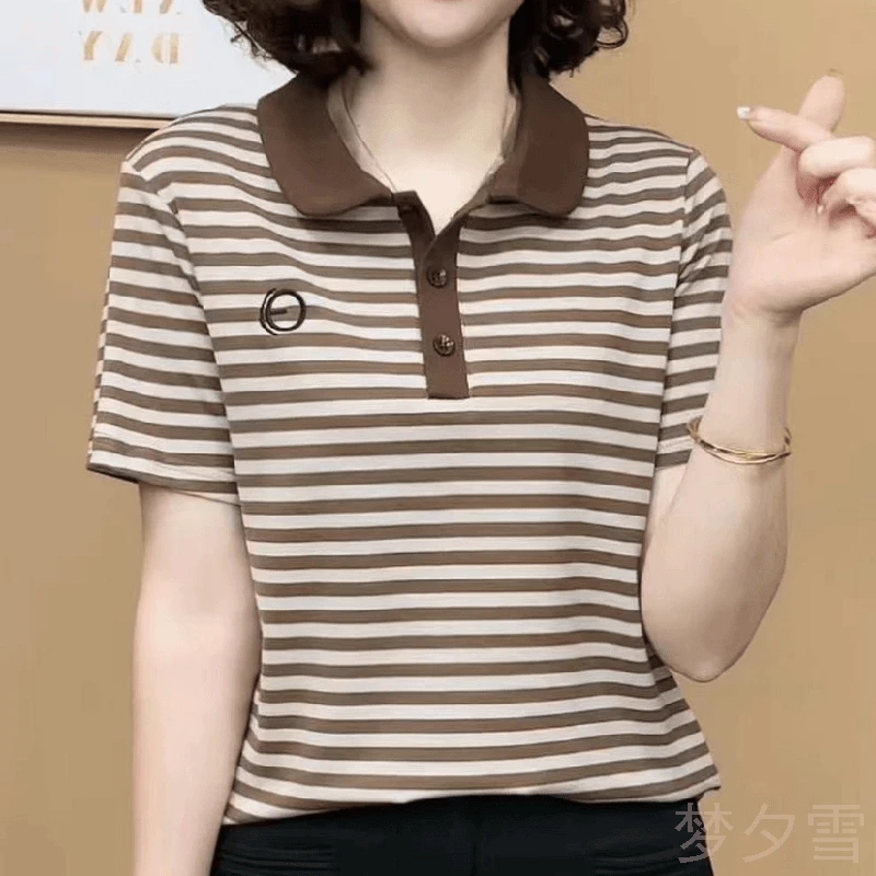 正肩女装夏季新款时尚洋气条纹翻领短袖t恤打底衫女休闲百搭上衣