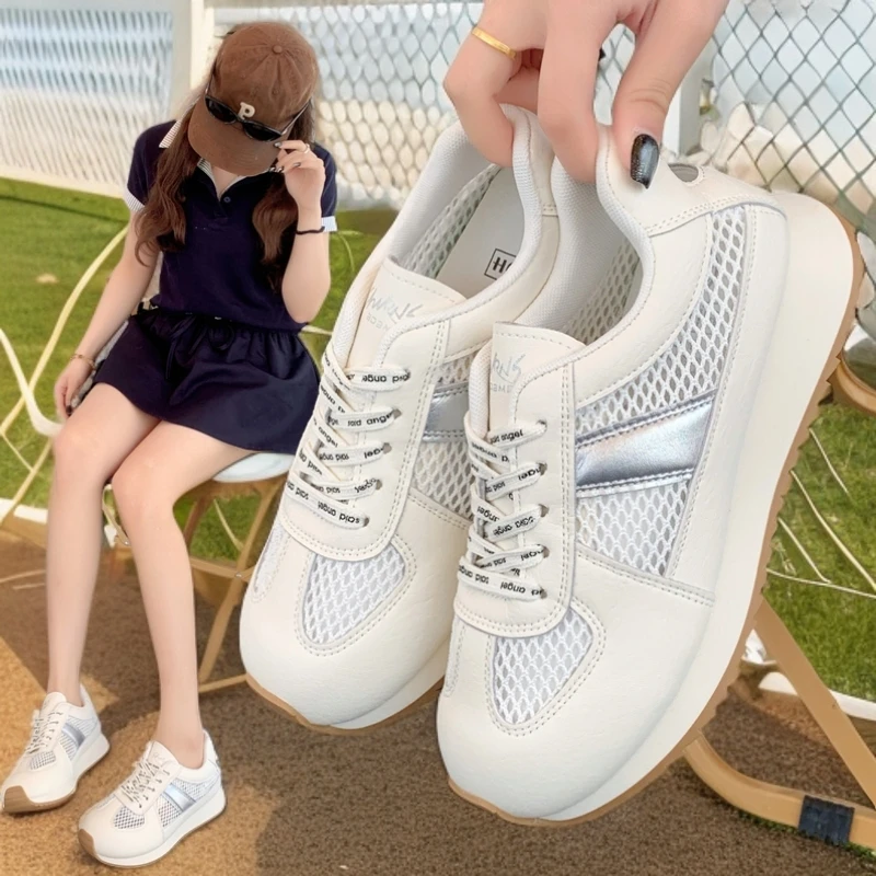 女鞋夏季时尚休闲网面薄款透气运动百搭小众鞋子镂空真皮厚底软底