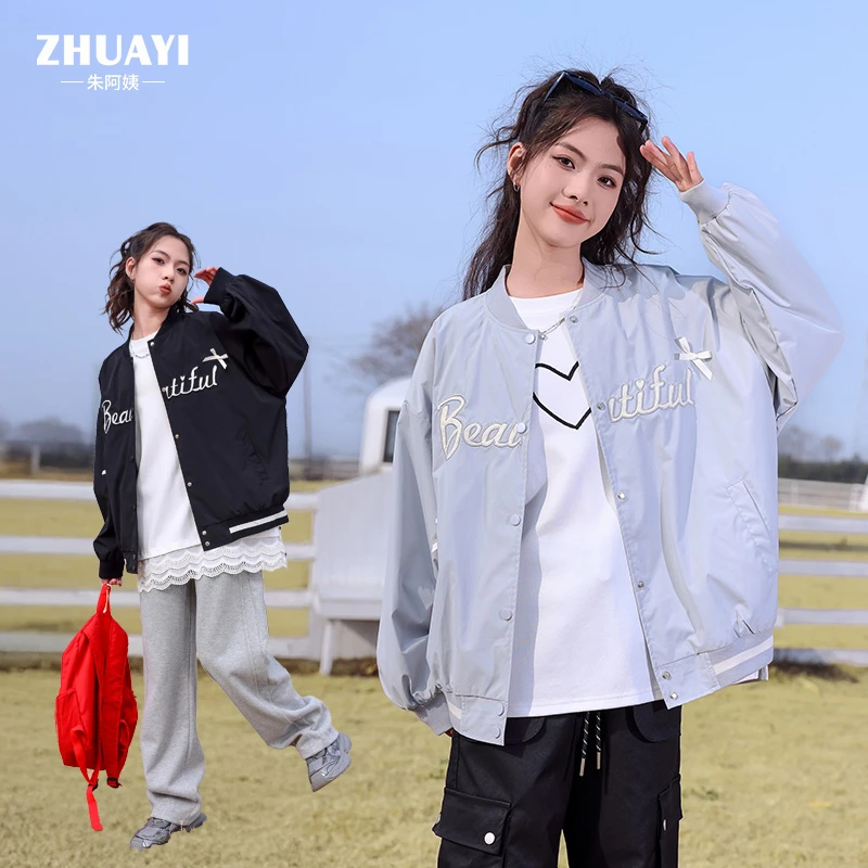 朱阿姨女大童外套2025春季新款棒球服外套纽扣休闲百搭上衣时尚