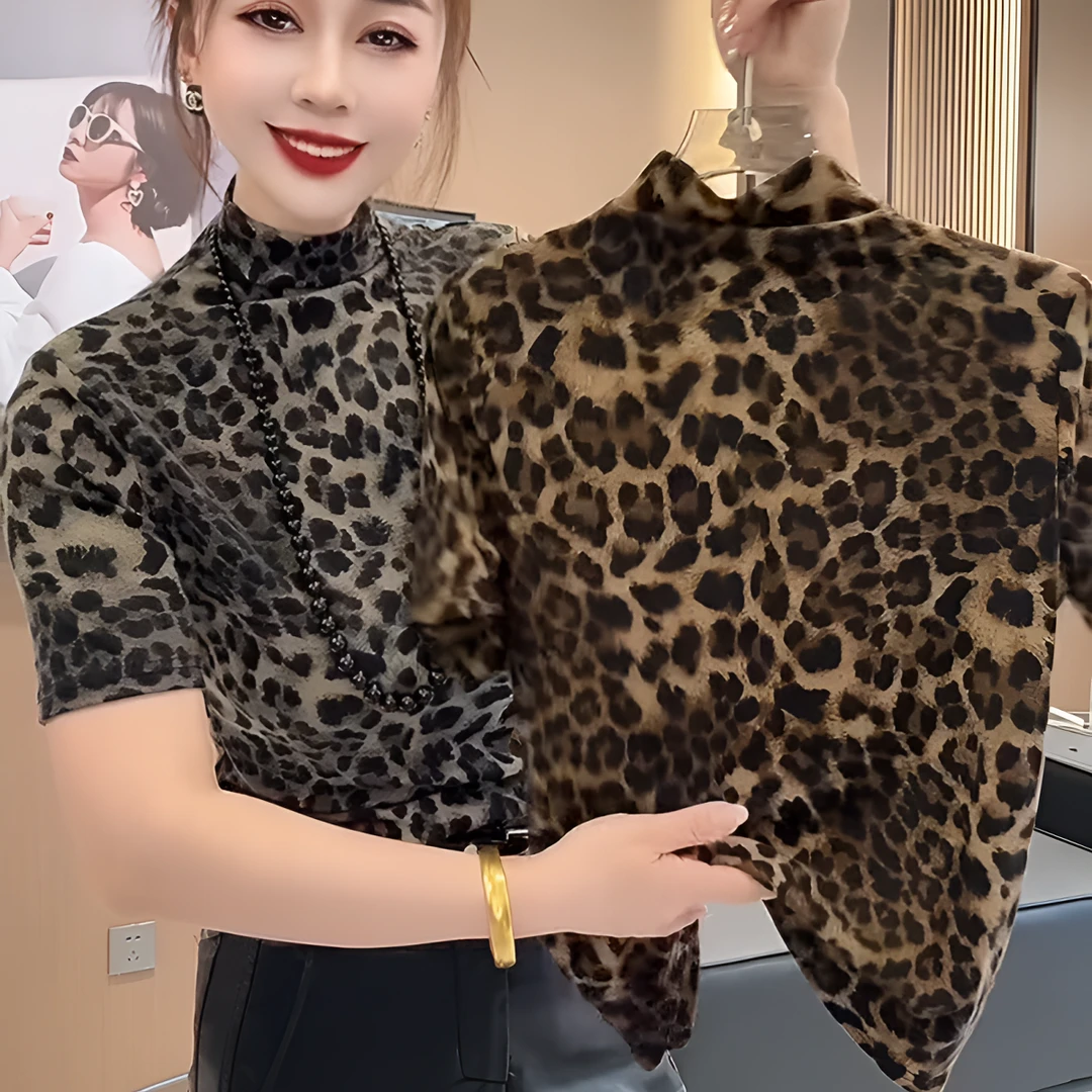 早秋新款半高领豹纹短袖气质女士上衣百搭显瘦网红洋气时尚百搭