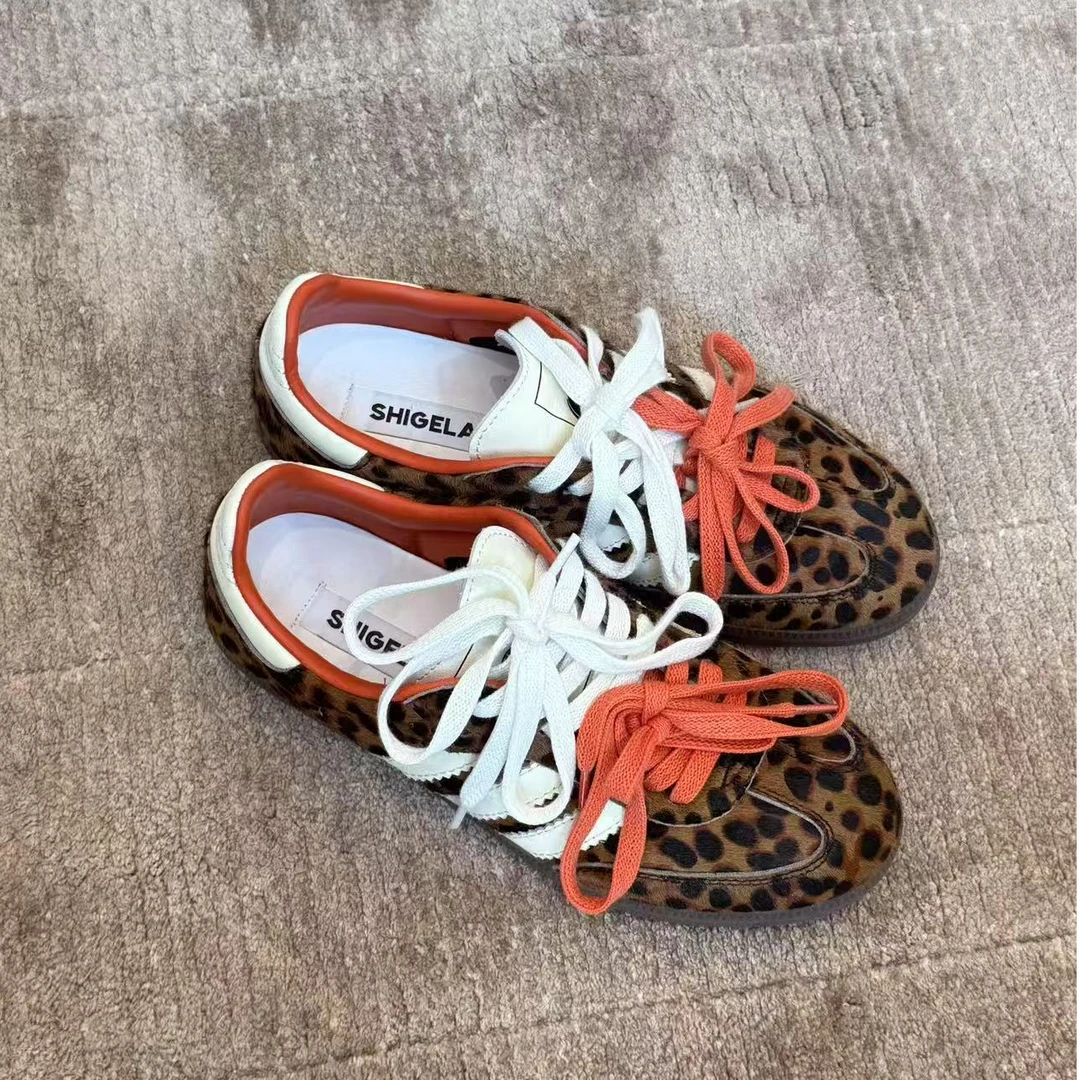 2025新款真皮系带欧货时尚豹纹休闲平底德训鞋88101-5