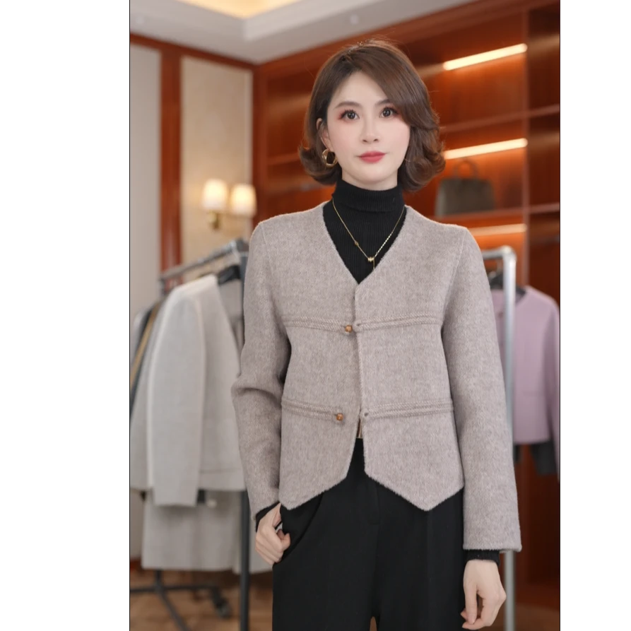 【薇墁依】2025春季新款双面羊毛百搭设计师短款长毛外套041