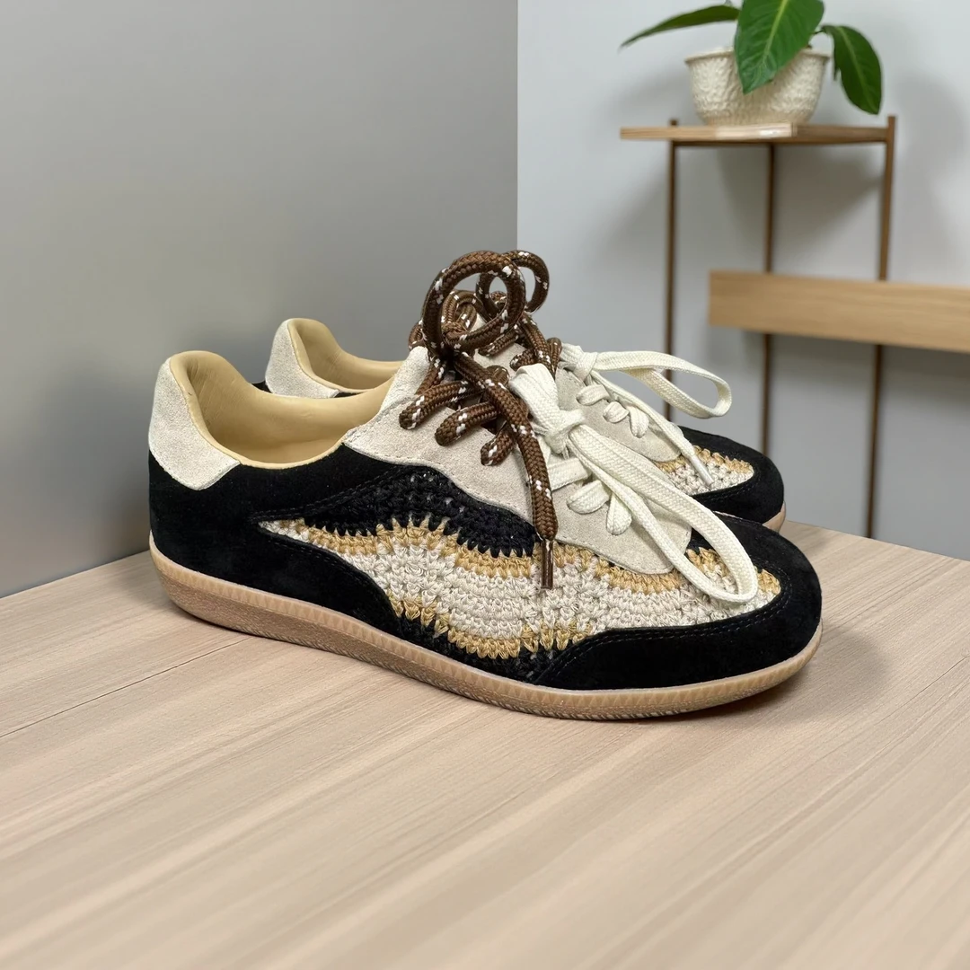 原创设计【喃风】针织毛线德迅鞋百搭平底双色鞋带赛车鞋