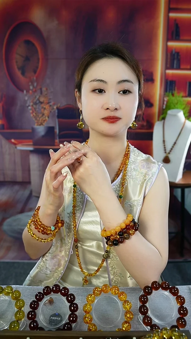 银S925镶嵌琥珀戒指天然花珀戒指