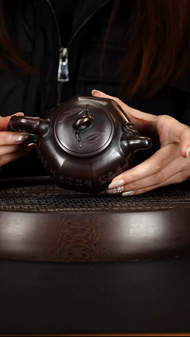 茶壶紫砂宜兴紫砂壶龙山古乌泥八方竹节宫灯350cc
