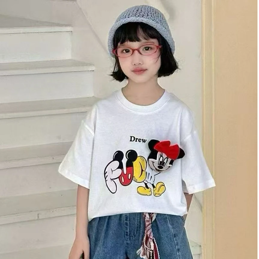 女童春夏新款2026中大童卡通米奇印花立体玩偶宽松短袖T恤 266670