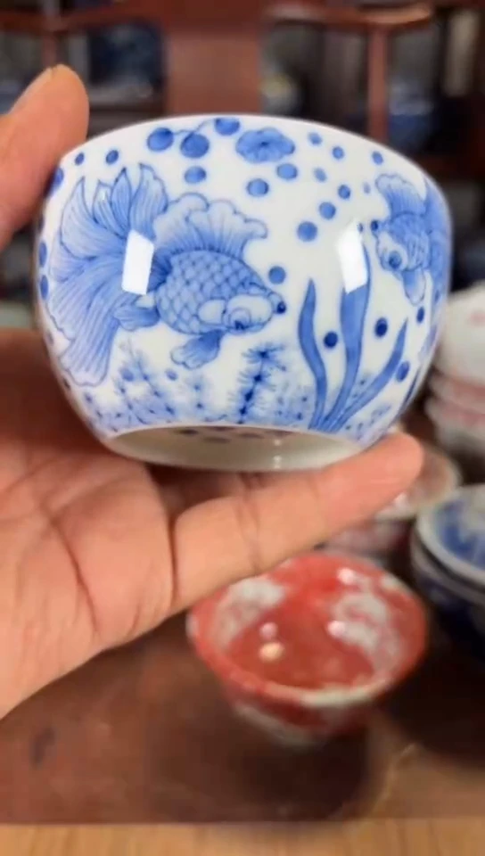 柴窑青花金玉满堂杯杯