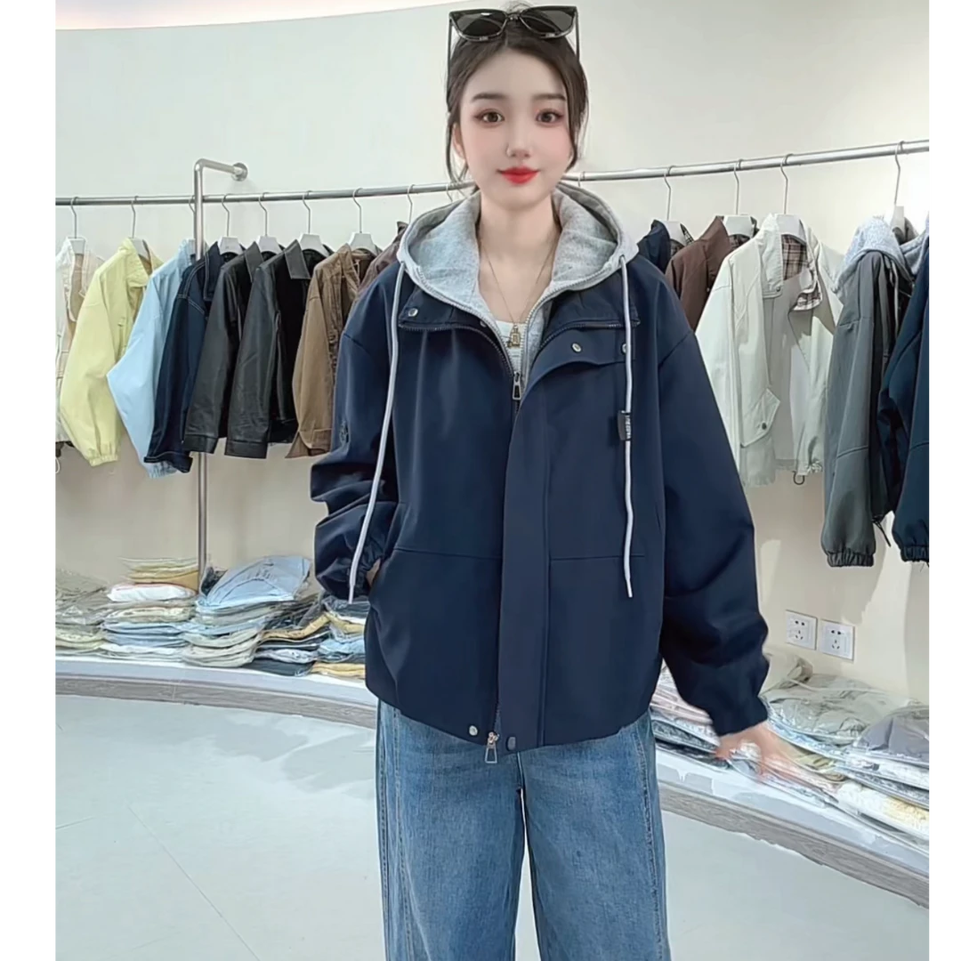 WYY2536假两件套秋季新款短款连帽夹克外套显瘦女时尚上衣