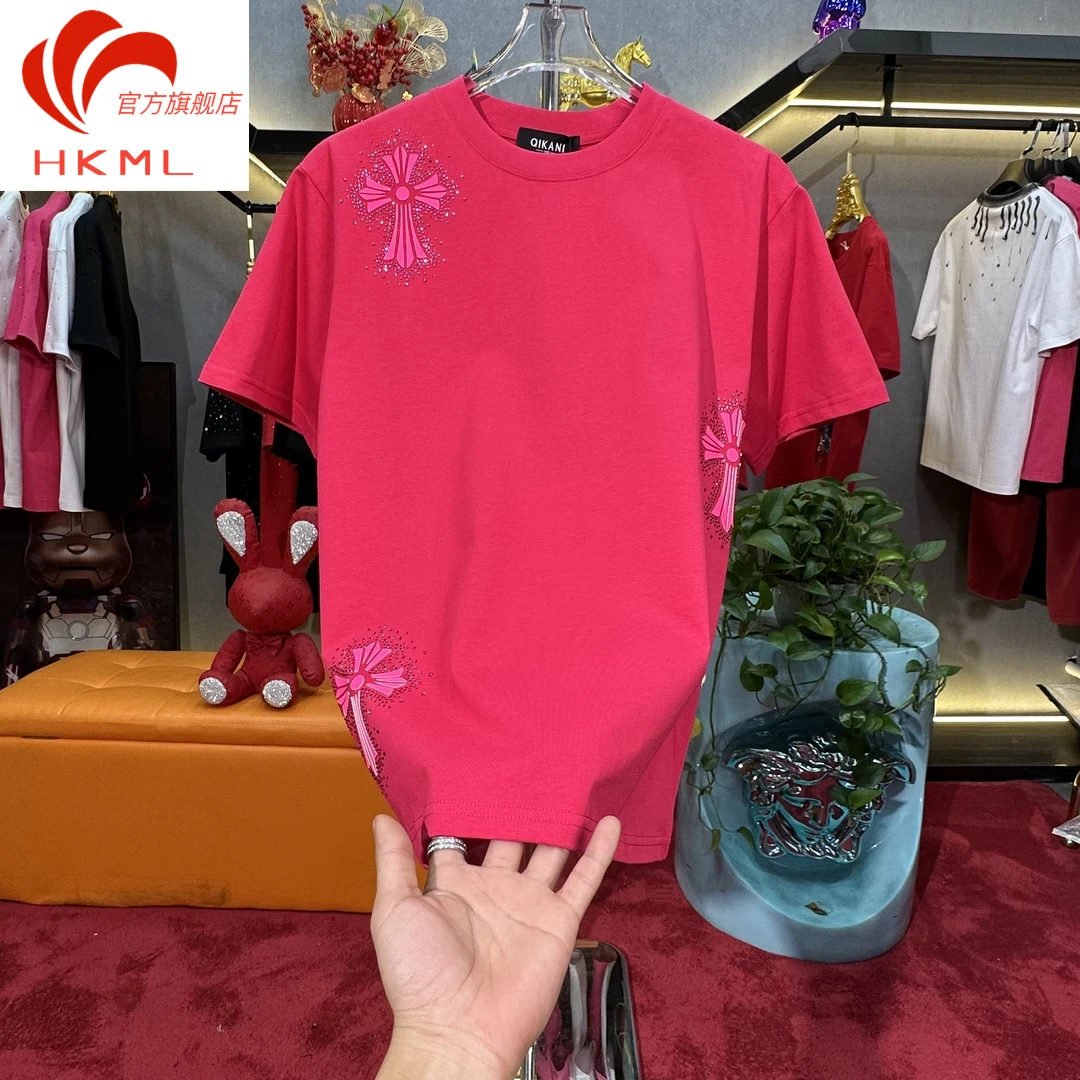 短袖夏季百搭圆领休闲新款烫印男装潮T恤半袖玫红色烫钻款修身型