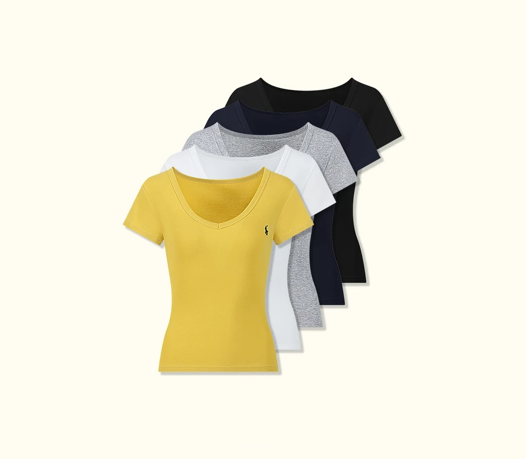 【百搭王者】夏季V领修身正肩紧身刺绣短袖T恤上衣