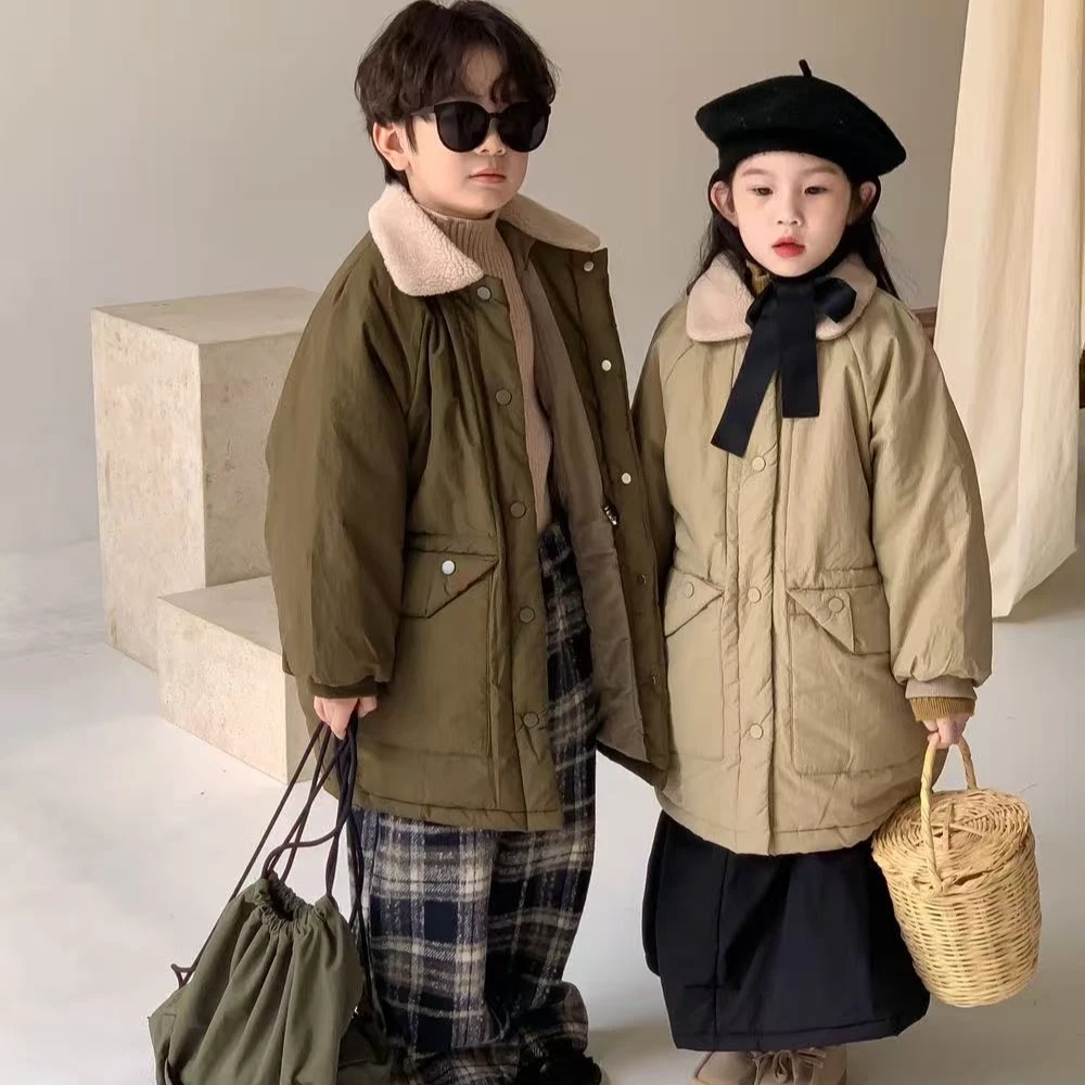 女童冬季洋气纯色翻边毛领大口袋中长款棉服外套2023111