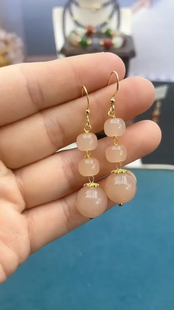 【闪购商品】和田玉耳饰银S925镶嵌藕粉三珠耳钩