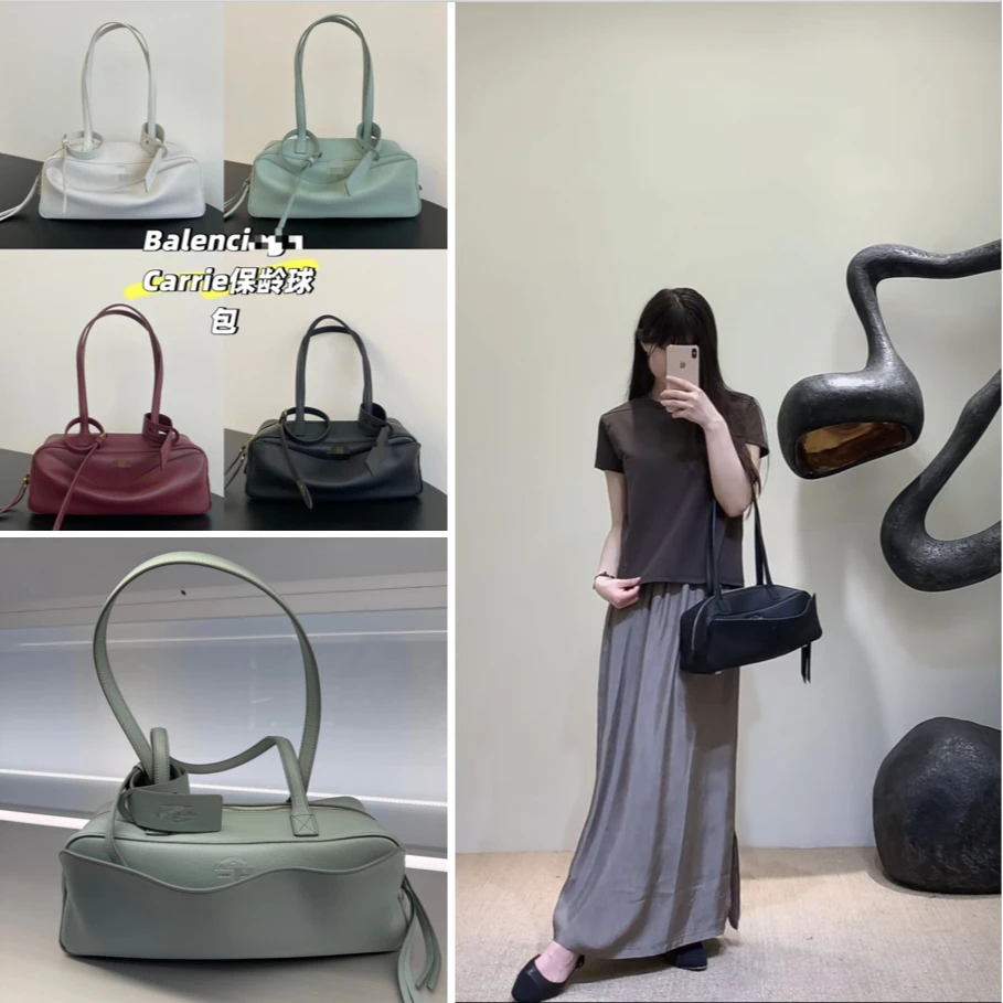 2025夏新款carrie保龄球包头层牛皮简约波士顿女包包