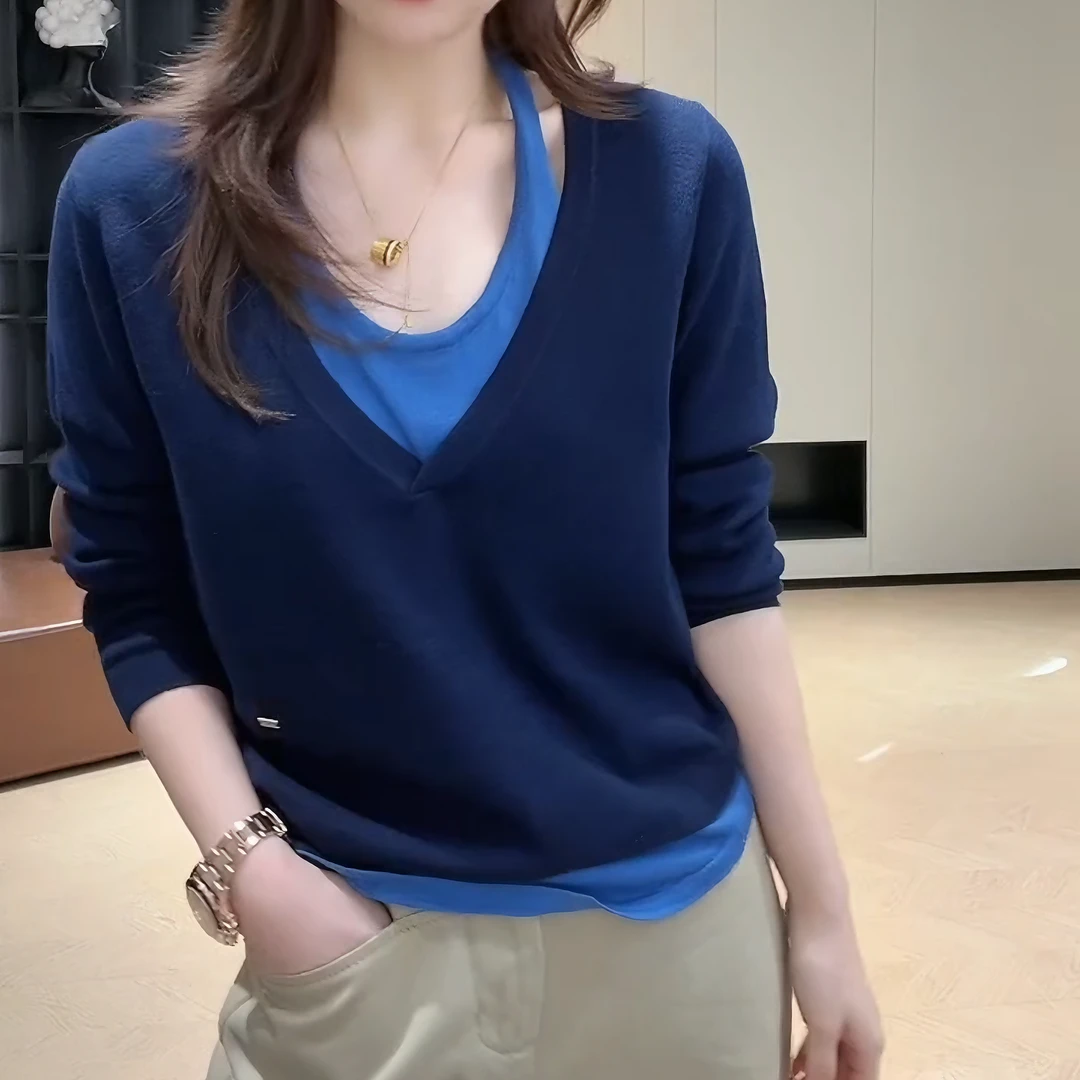 2025秋季新款假两件撞色长袖针织上衣显瘦韩系时尚打底LK2506326