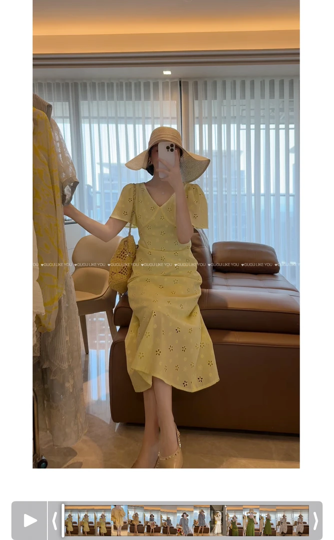 【古古】100纯棉定染植物染镂空蕾丝花黄夏季显瘦显白连衣裙G25512